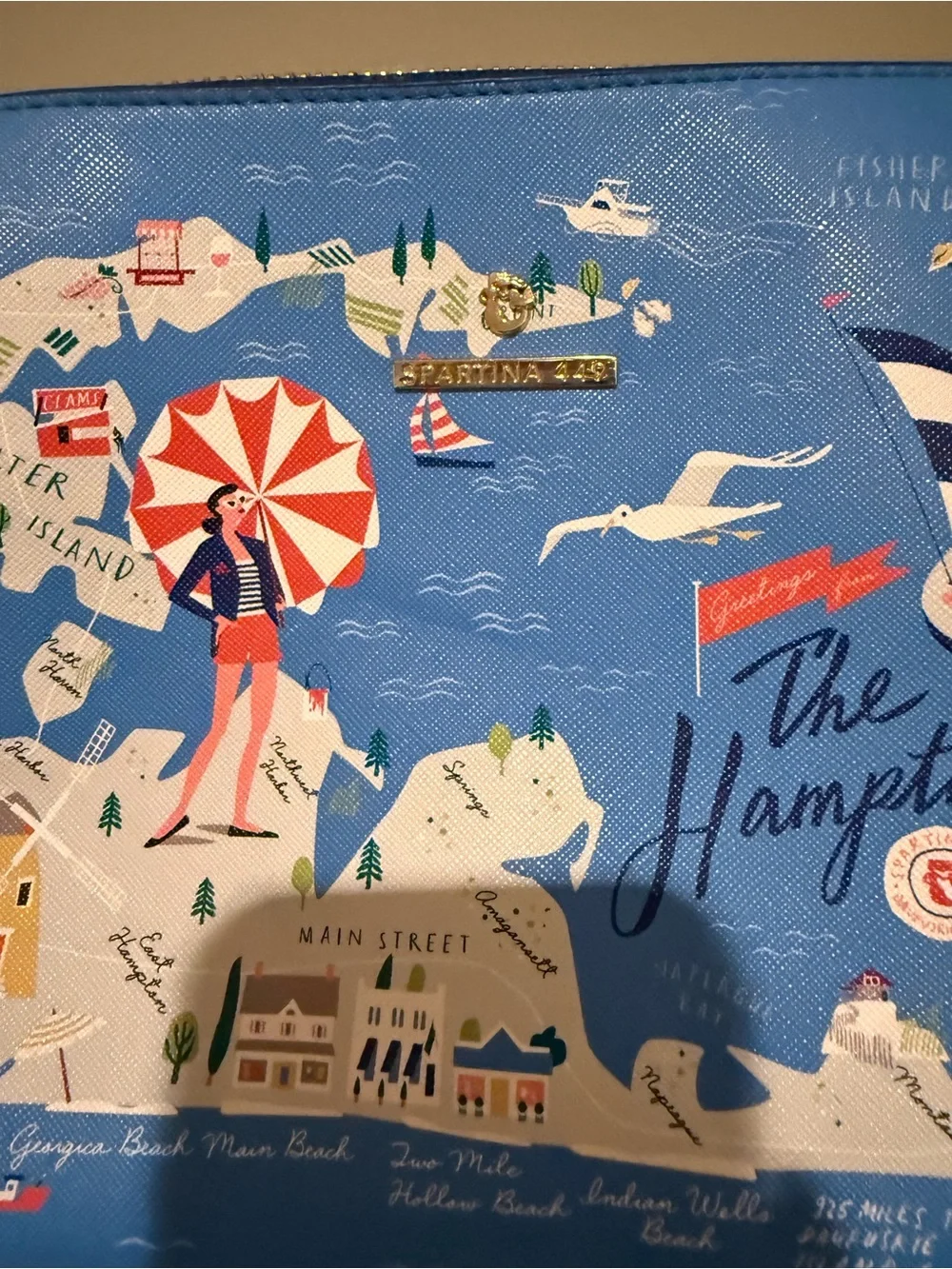 Spartina 449 Blue Coastal Map Cosmetic Pouch with Tan Zip Pull